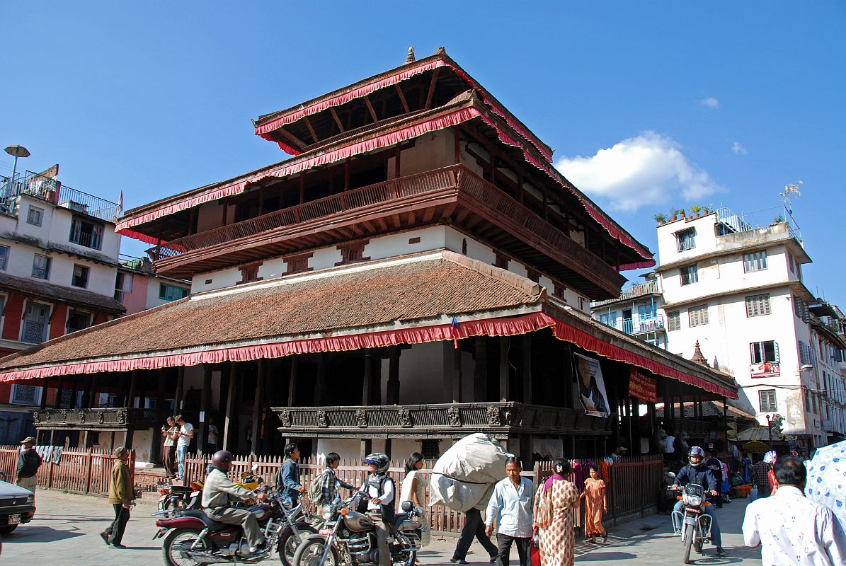 Kathmandu Durbar Square 04 01 Kasthamandap Temple Kathmandu gets its name from the three-story Kasthamandap Temple at the southwestern end of Kathmandu Durbar Square. Kasthamandap is said to be Kathmandus oldest building, built by King Laxmi Narsingha Malla at the beginning of the 12C from the wood of a single tree. However, most of what is now seen is from renovations after 1630.
